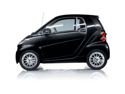 Black compact two-seater smart car on white background.