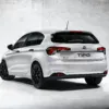 Rear view of a white Fiat Tipo hatchback with a black spoiler and tinted windows.