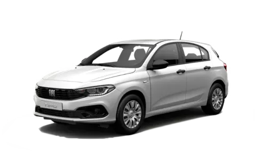 White Fiat Tipo hatchback with a sleek design and modern features.